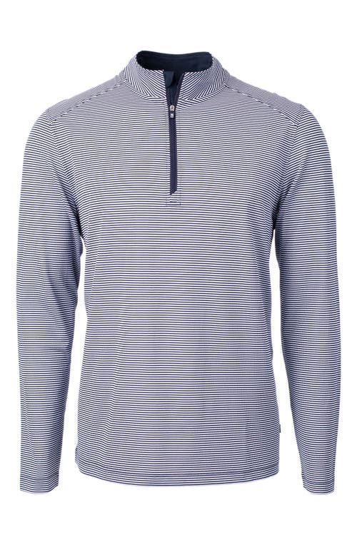 Shop Cutter & Buck Micro Stripe Quarter Zip Recycled Polyester Piqué Pullover In Navy Blue/white