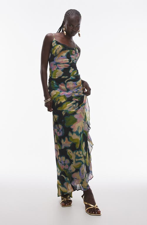 Topshop Floral Ruffle Draped Maxi Dress In Dark Blue Multi