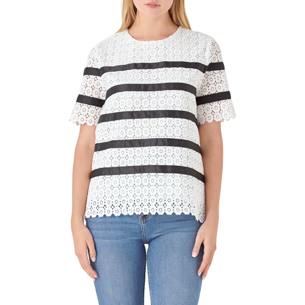 English Factory Lace Stripe Top In White/black
