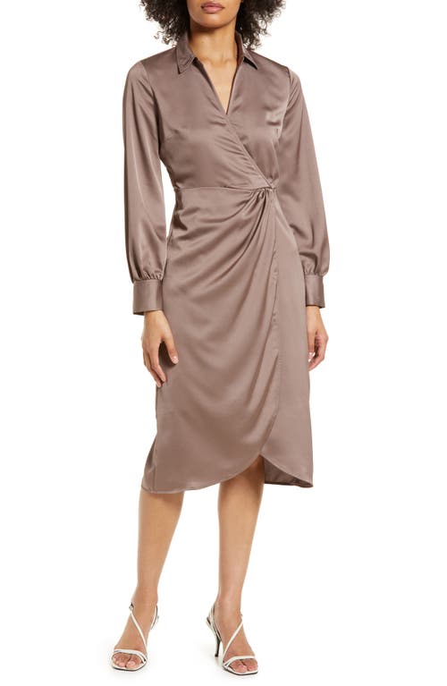 HALOGEN(R) Twist Front Long Sleeve Shirtdress in Brown Taupe