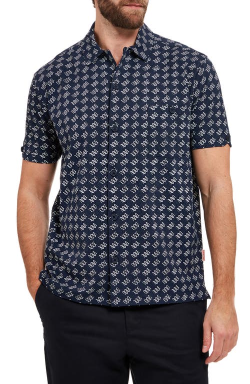 Walsoken Squiggle Print Short Sleeve Button-Up Shirt in Navy