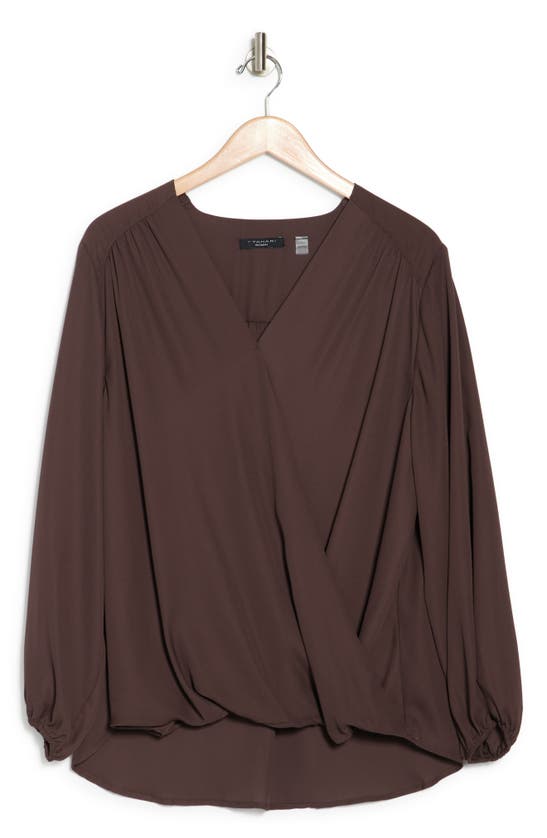 T Tahari Wrap Patterned Blouse In Truffle Deep Chocolate