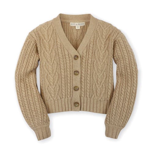 Hope & Henry Baby Girls' Chunky Cable Cardigan, Infant In Camel Heather Heart Cable