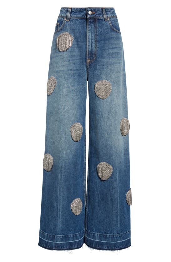 Shop Stella Mccartney Crystal Fringe Dot Release Hem Flare Jeans In Mid Blue Vintage
