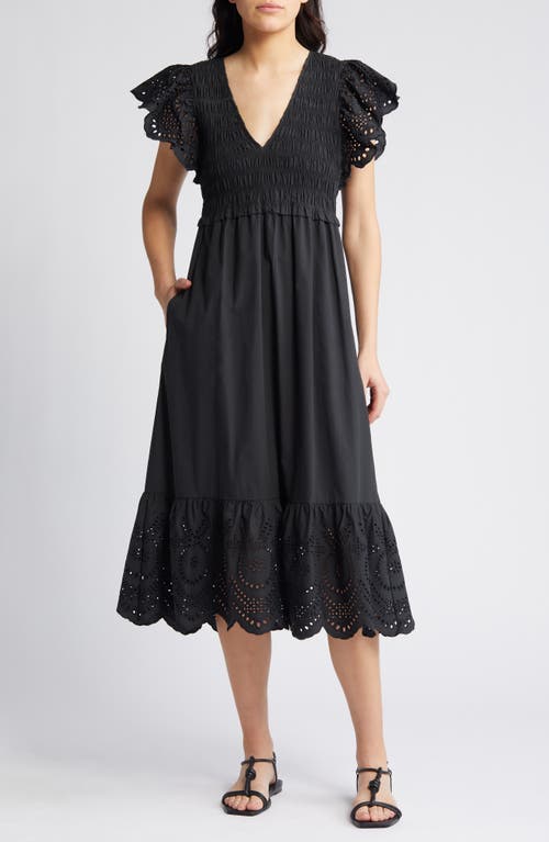 Clementine Eyelet Smocked Cotton Blend Midi Dress in Black Eyelet