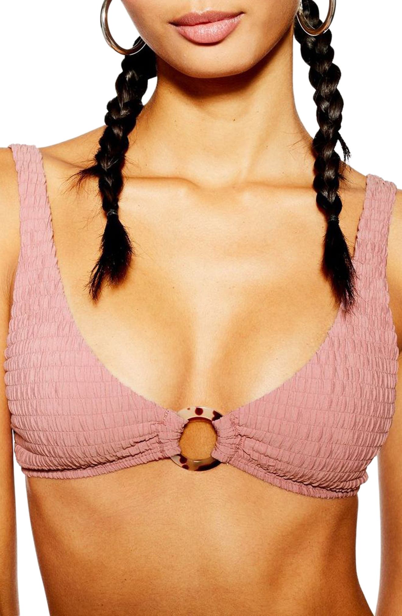 Topshop Tortoiseshell Ring Smocked Bikini Top, US (fits like 14) - Pink