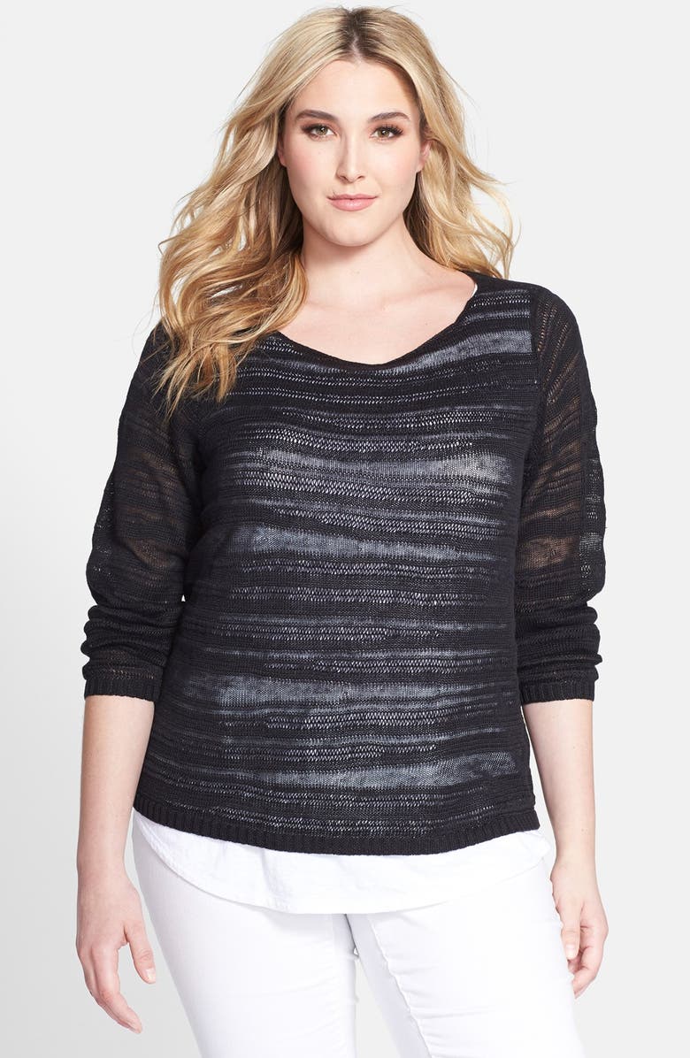 Eileen Fisher Organic Linen Stripe Bateau Neck Top (Plus Size) | Nordstrom