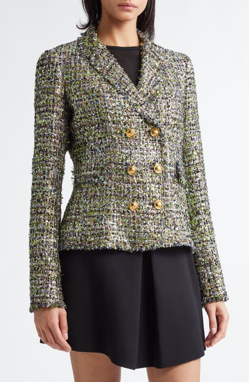 Shop Giambattista Valli Double Breasted Metallic Eyelash Tweed Blazer In Black/green