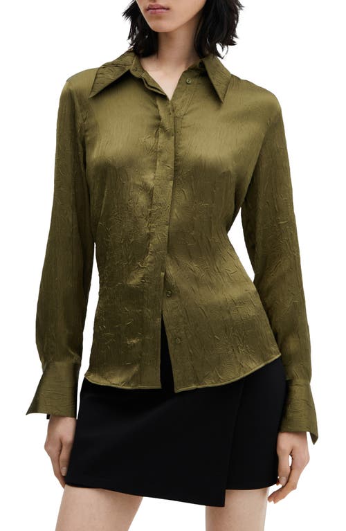 MANGO Crinkle Satin Button-Up Shirt Green at Nordstrom,