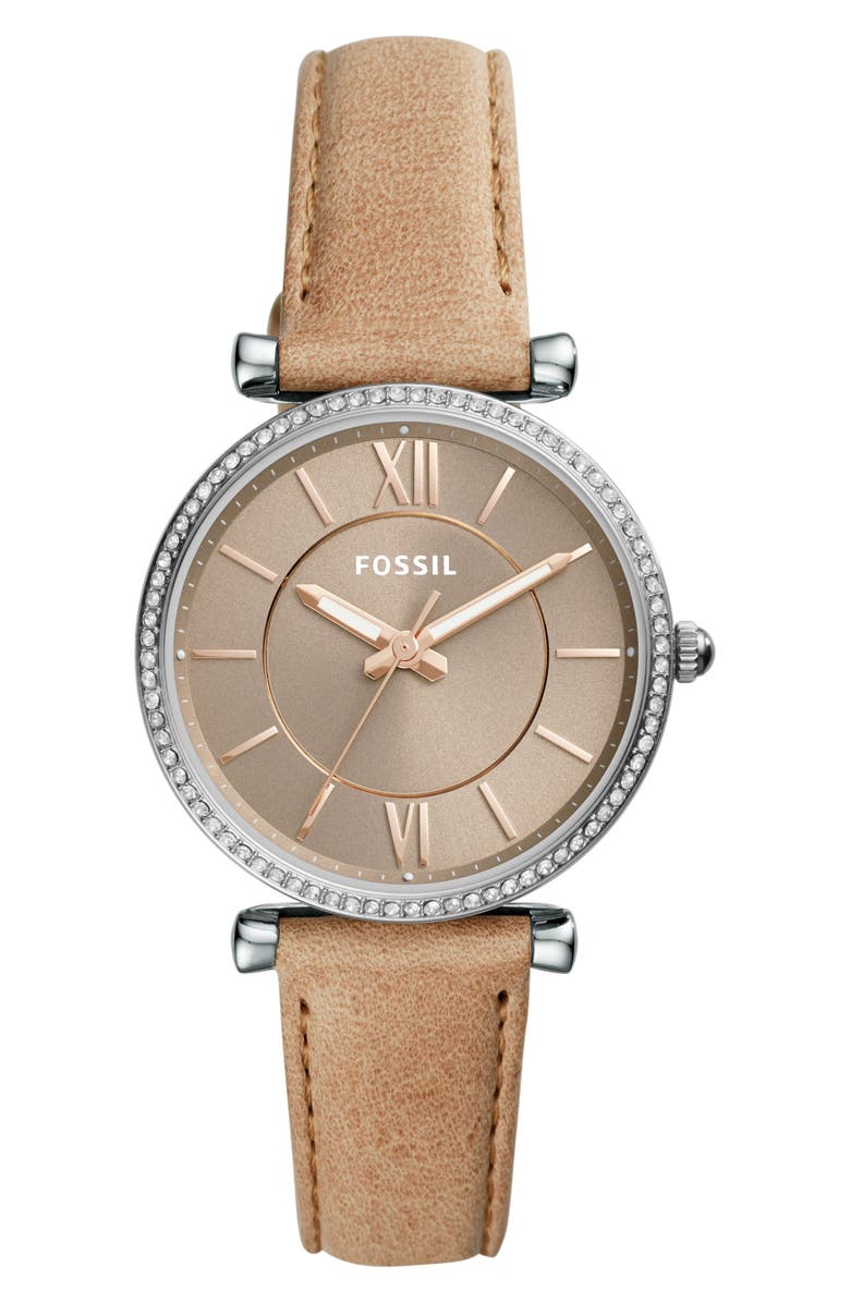 Fossil Carlie T-Bar Crystal Leather Strap Watch, 35mm | Nordstrom