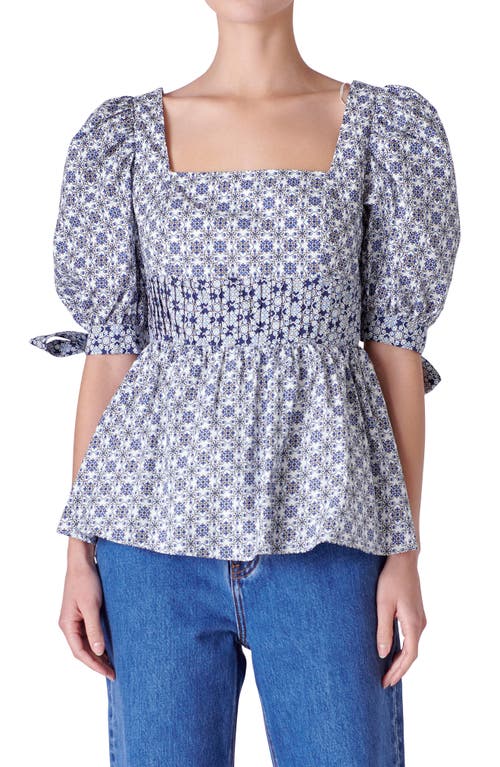 Shop English Factory Mixed Print Cotton Peplum Top In White/blue