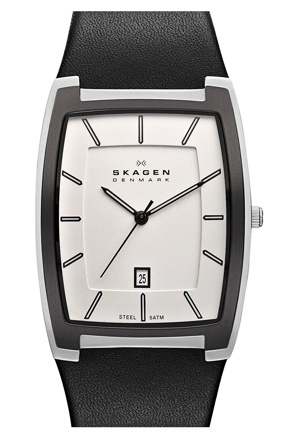 Skagen Rectangular Leather Strap Watch, 34mm x 46mm Nordstrom