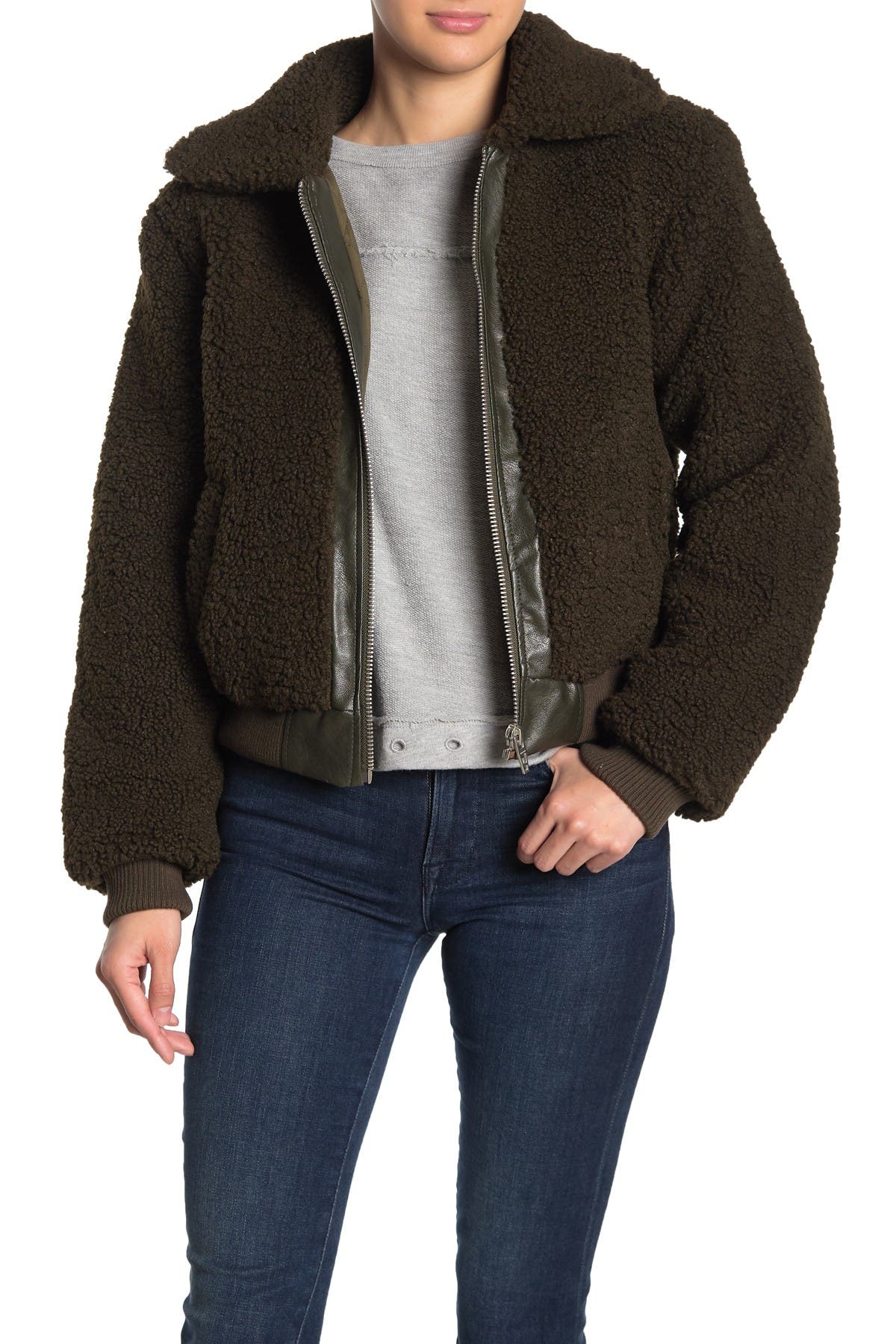 blanknyc denim faux leather trim long hooded jacket