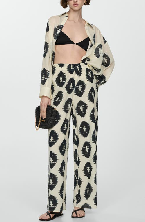 Shop Mango Print Cotton Pull-on Wide Leg Pants In Ecru