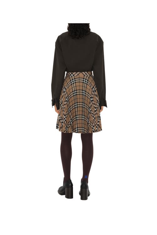 Burberry Pleated Check Wool Blend Skirt In Linden