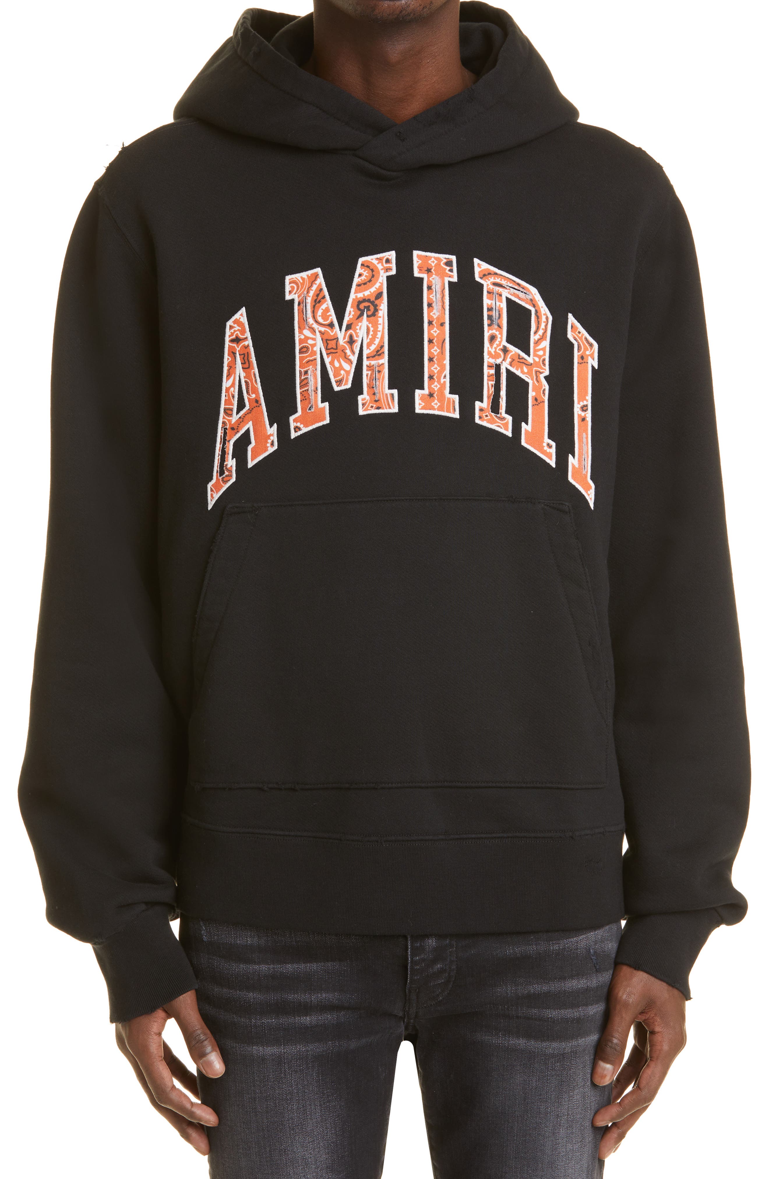 AMIRI Bandana Applique Pullover Hoodie in Black /Orange at Nordstrom, Size Medium