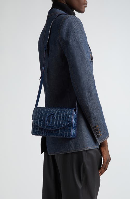 Shop Christian Louboutin Small Loubi54 Croc Embossed Patent Leather Crossbody Bag In Denim/denim