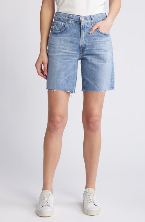 AG Ex-Boyfriend Distressed Raw Hem Mid Length Denim Shorts in 19 Years Suburbia 