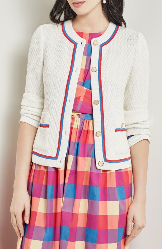 Misook Heritage Contrast-trim Intarsia Ribbed Soft Knit Jacket In Ivory/blu/pk