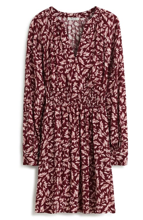 Shop Madewell Smocked Floral Print Long Sleeve Minidress In Bordeaux