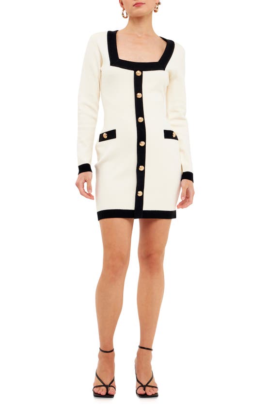Endless Rose Contrast Trim Long Sleeve Knit Minidress In Cream/ Black