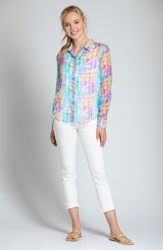 Shop Apny Print Roll-up Sleeve Chiffon Button-up Shirt In Pink Multi