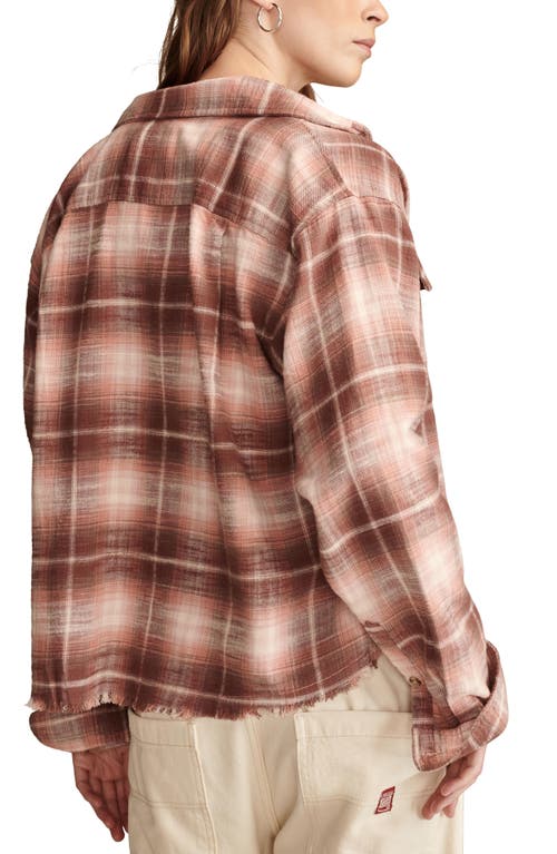 Shop Lucky Brand Raw Edge Plaid Button-up Shirt In Peach Brown Plaid