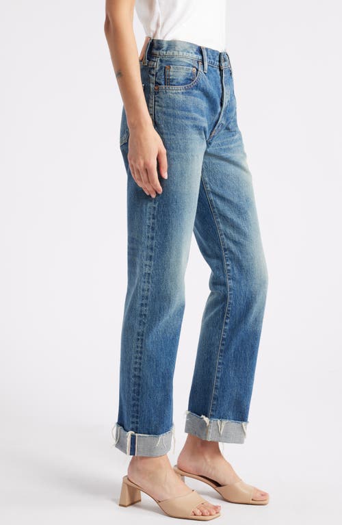 Shop Moussy Hopewell High Waist Cuffed Raw Hem Straight Leg Jeans In Dark Blue