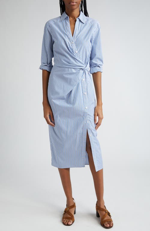 Veronica Beard Wright Stripe Long Sleeve Cotton Midi Shirtdress In Blue/white Stripe