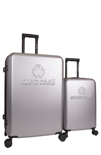 Roberto Cavalli Set Of Two Logo Hardshell Spinner Suitcases In Silver Metallic