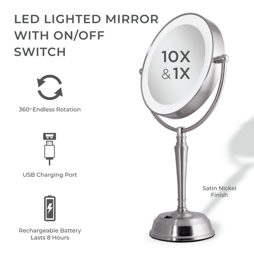 Zadro Makeup Mirror With Light And 10x/1x Magnifications And Usb Charging Port In Satin Nickel