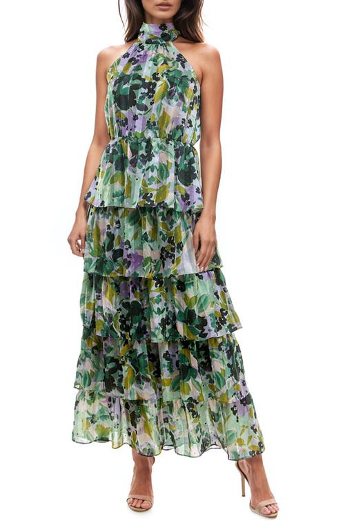 Shop Socialite Floral Print Sleeveless Tiered Maxi Dress In Green/lilac