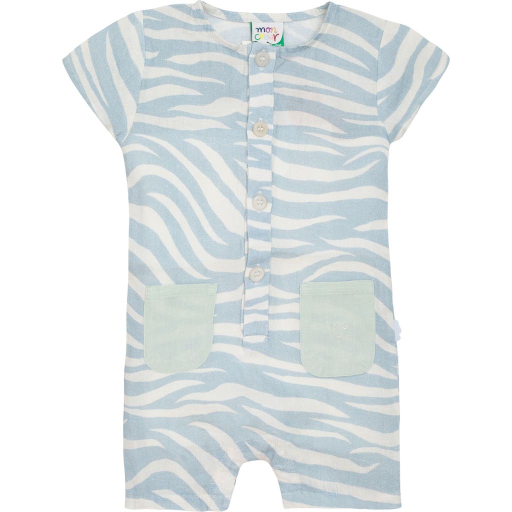 Mon Coeur Zebra Print Linen Henley Romper In Natural/sterling Blue