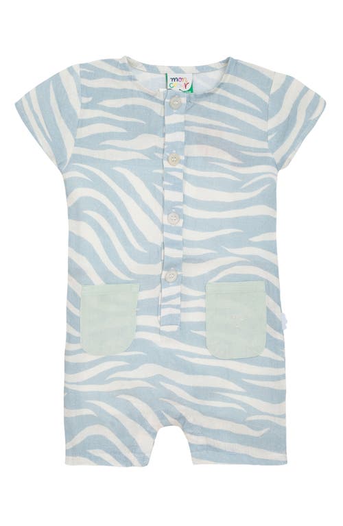 Shop Mon Coeur Zebra Print Linen Henley Romper In Natural/sterling Blue