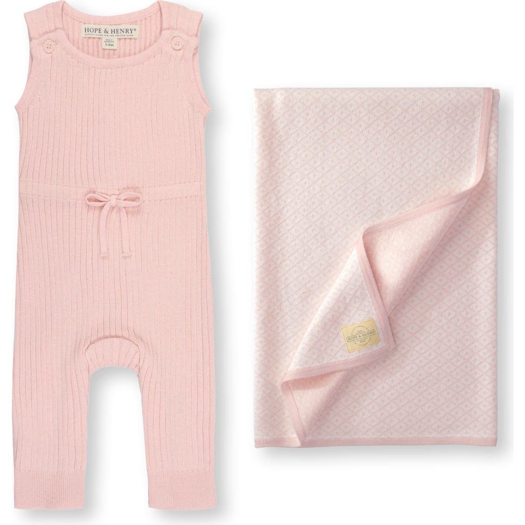 Hope & Henry Baby Cinched Waist Romper & Jacquard Blanket Gift Set In Light Pink
