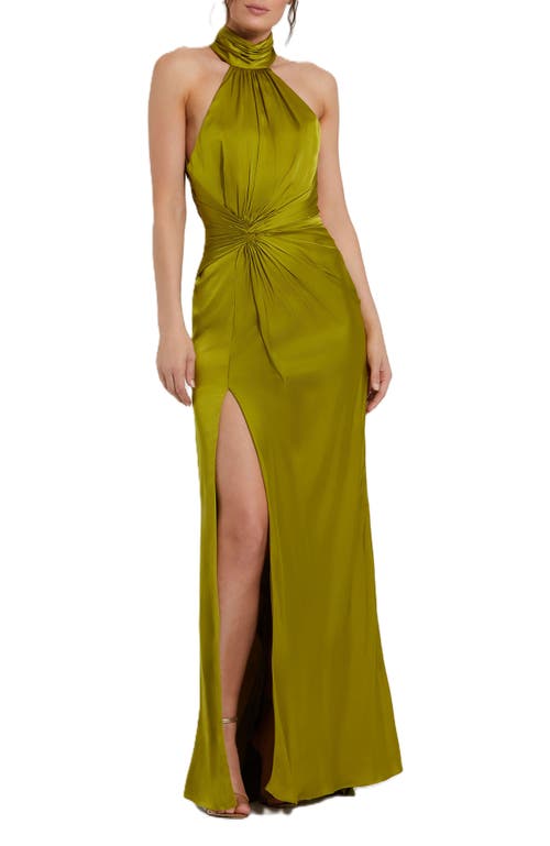 Mac Duggal Open Back High Neck Side Ruched Gown In Olive