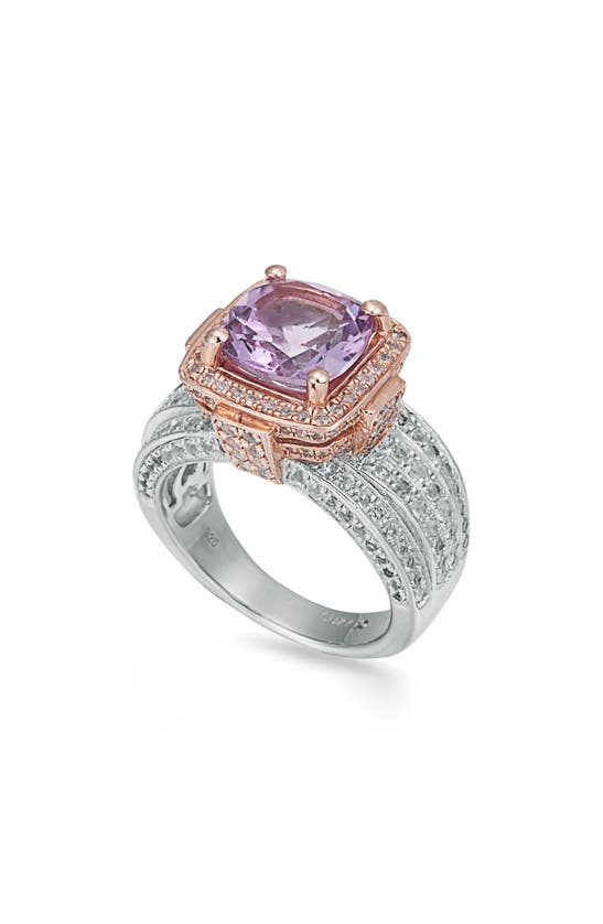 Suzy Levian Two-tone Cushion Amethyst & White Topaz Halo Ring In Pink