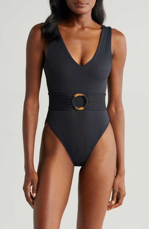 Kim Belted Rib One-Piece Swimsuit in Black Rib