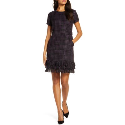 Forest Lily Tiered Fringe Boucle Sheath Dress, Black