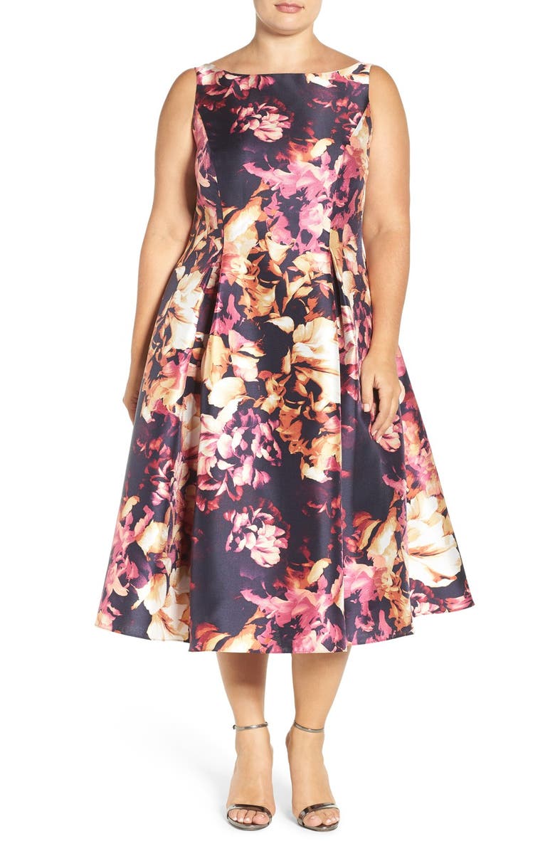 Adrianna Papell Floral Print Mikado Midi Dress (Plus Size) | Nordstrom