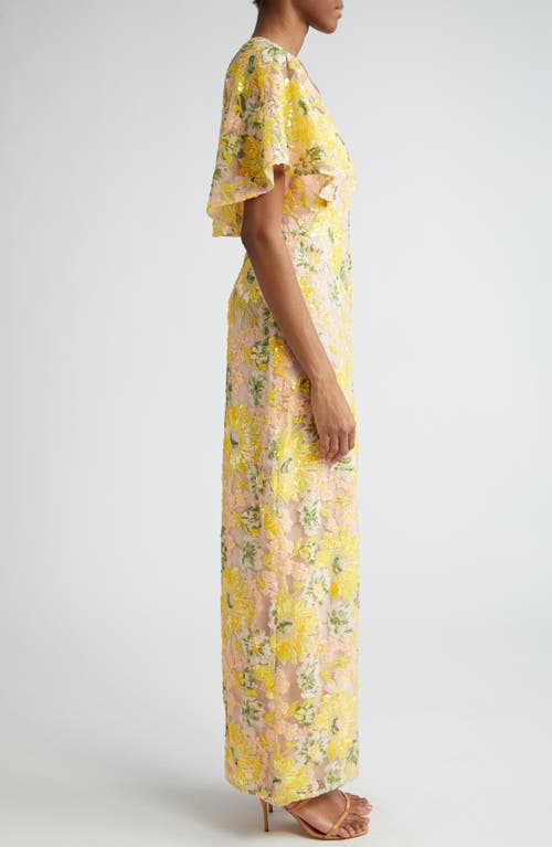 Shop Lela Rose Sequin Embroidered Flutter Sleeve Column Gown In Limoncello