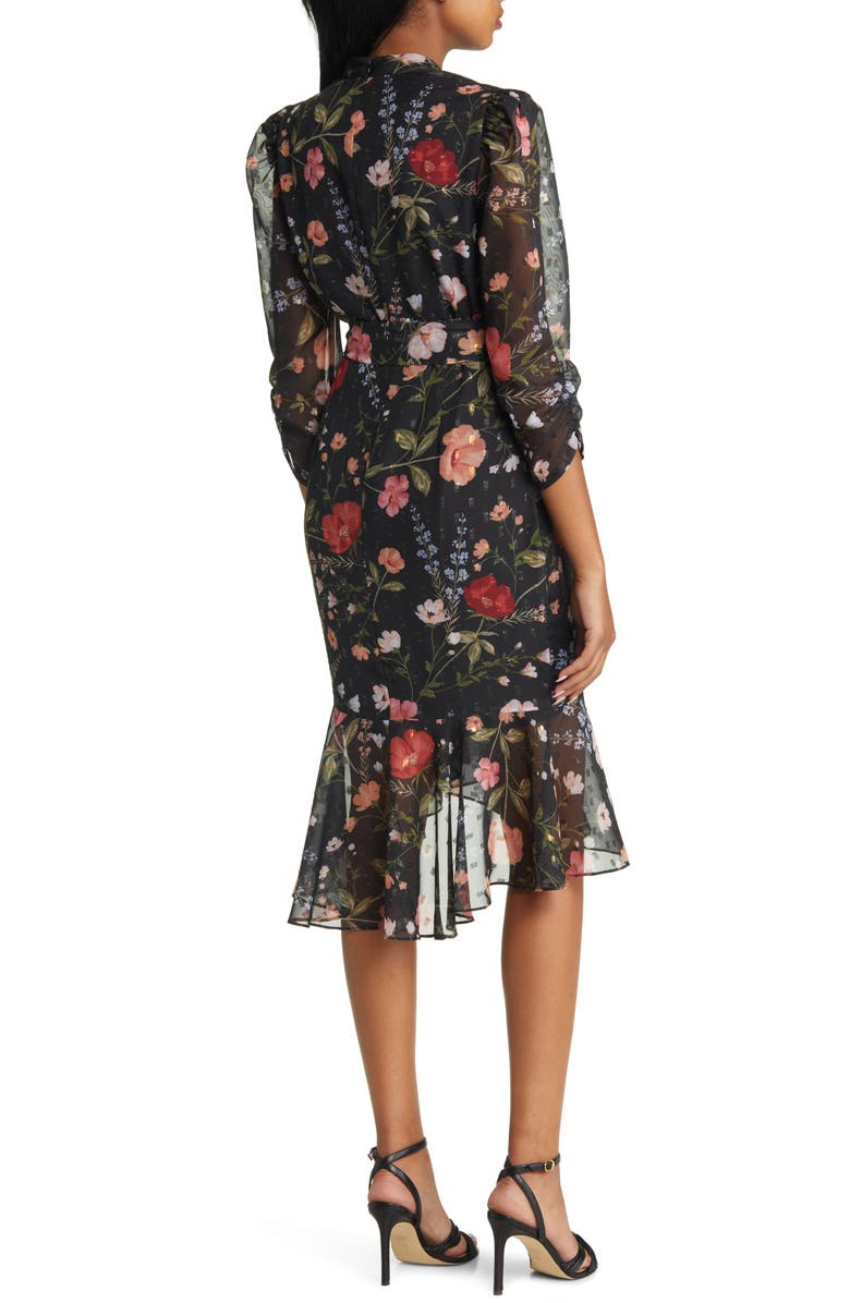 Eliza J Floral Metallic Detail Long Sleeve Body-Con Chiffon Dress ...