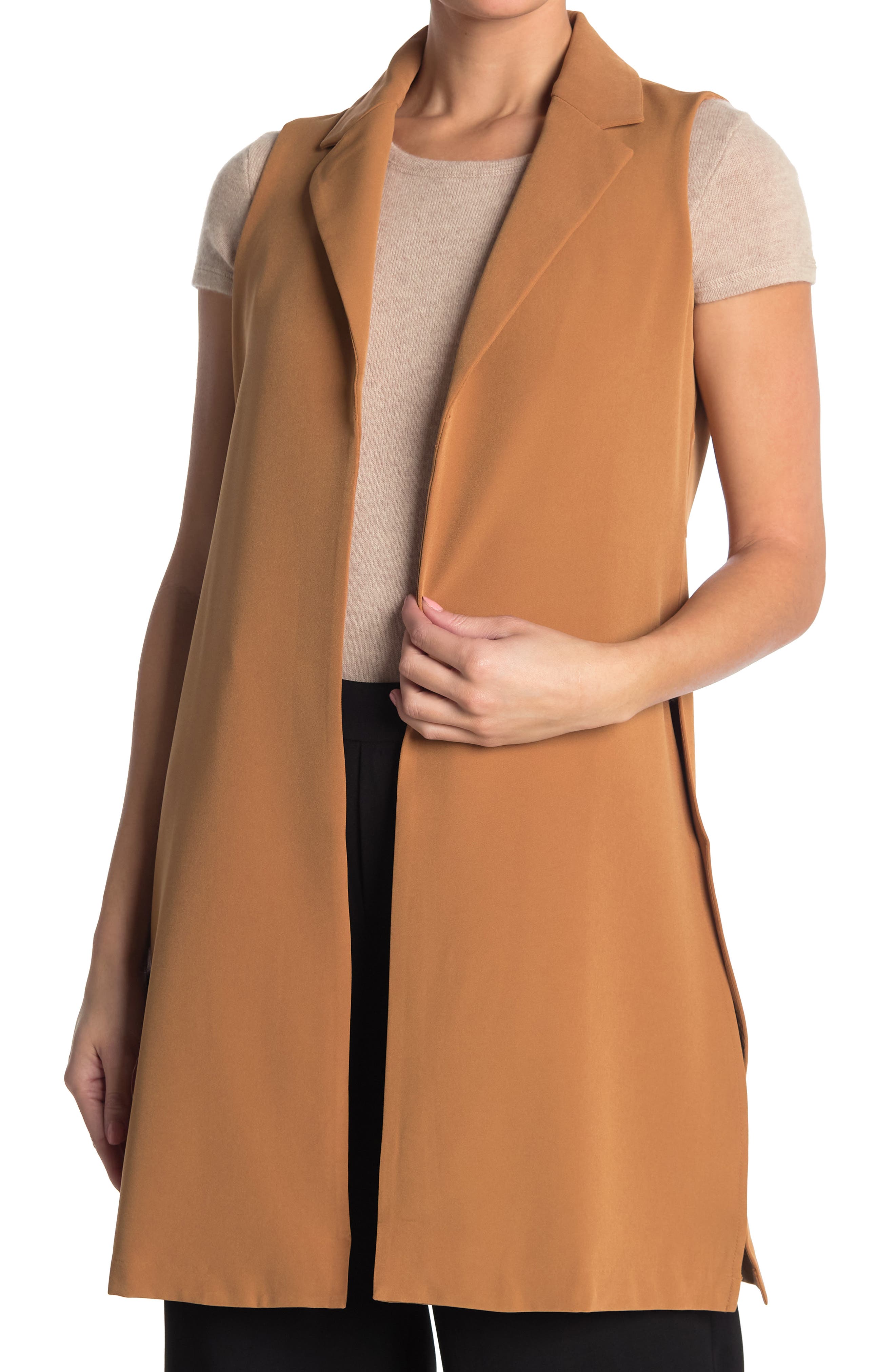 T Tahari Notch Lapel Open Front Side Slit Long Vest In Open Brown5