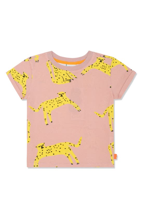 Mon Coeur Kids' Cat Graphic T-shirt In Misty Rose/ Cyber Yellow
