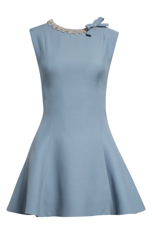 Shop Valentino Garavani Embellished Bow Neck Wool & Silk Skater Minidress In Light Blue/strass