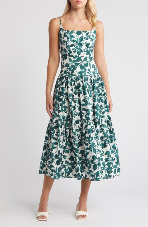 MOON RIVER Floral Tiered Cotton Dress Green Multi at Nordstrom,