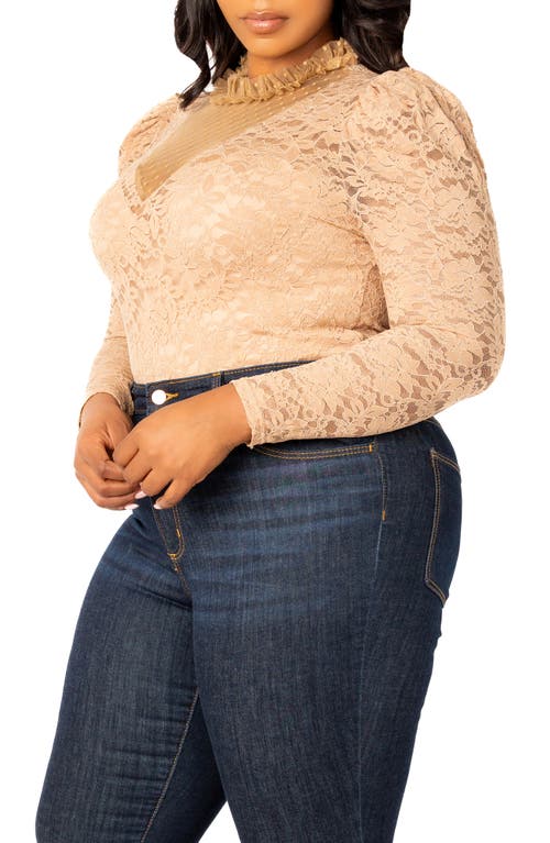 Buxom Couture Sheer Stretch Lace Long Sleeve Bodysuit In Khaki