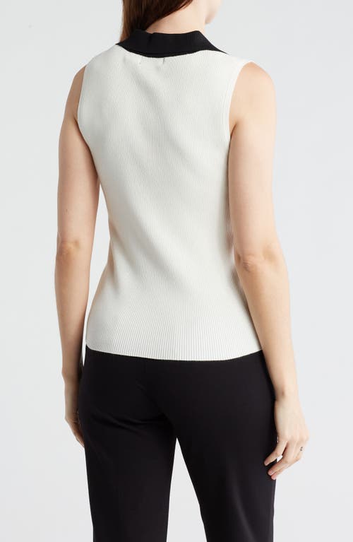 Shop T Tahari Contrast Collar Sleeveless Polo Sweater In Honest Ivory/black