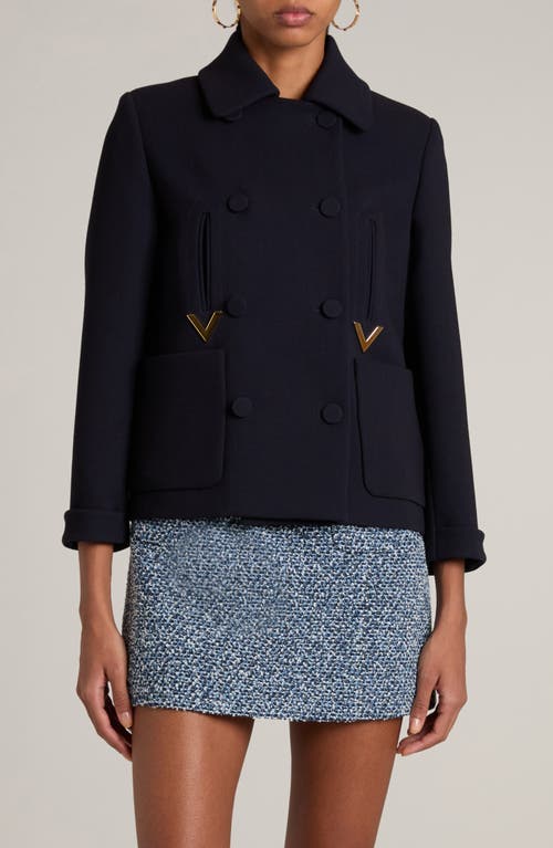 Shop Valentino Garavani V Detail Wool Blend Crop Peacoat In Navy