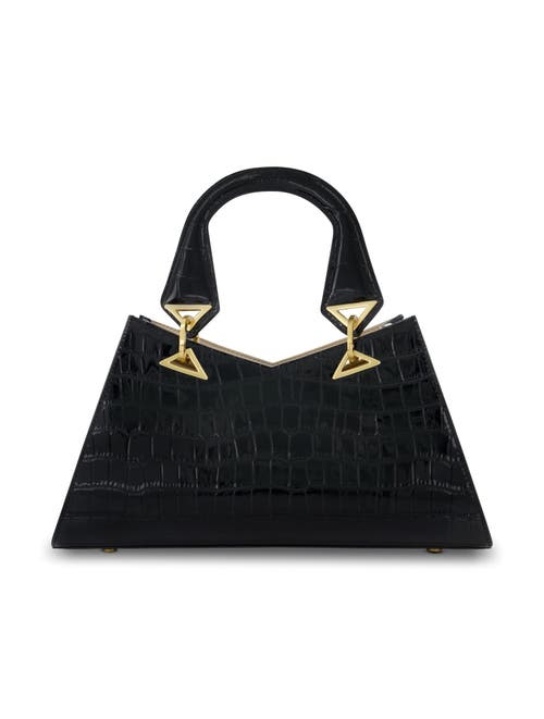 Mac Duggal Gold Plated Hardware Crocodile Embossed Leather Handbag In Black